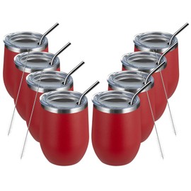 MEWAY 12oz/8 Pack Wine Tumbler Glasses with Lid - Stemless Double Wall Vacuum Stainless Steel Travel Tumbler - Keeping Cold & Hot for Wine,Coffee,Cocktails,Drinks-Family and Gifts (Red,Set of 8)