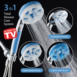 Hotel Spa 4-in-1 Aquassage - High Pressure 10-mode Shower Head, Hand Shower, Hydro Body, Hair Brush in One With Two Brackets, Extra-long 6 foot Stainless Steel Hose & Brush Head Holder