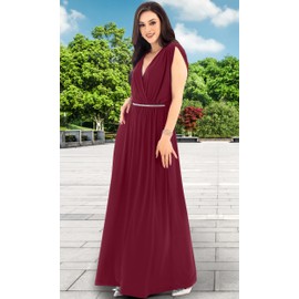KOH KOH Womens Long Cocktail Empire Waist Short Sleeve Formal V-Neck Bridesmaid Summer Flowy Bridesmaids Wedding Guest Grecian Gown Gowns Maxi Dress Dresses, Crimson Dark Red L 12-14