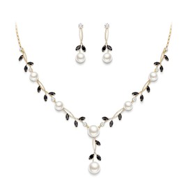 Ever Faith Bridal Jewelry for Bride CZ Black Crystal Simulated Pearl Floral Vine Filigree Necklace Earrings Set Gold-Tone