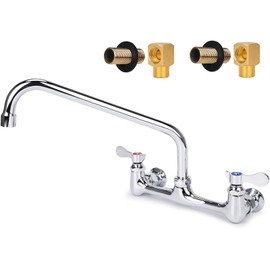 Bietor Wall Mount Kitchen Faucet 8" Center Commercial Sink Faucet with 12" Swivel Spout Dual Handles Brass Utility Sink Faucet for Laundry Room Restaurant Polish Chrome with 90° Installation Kit