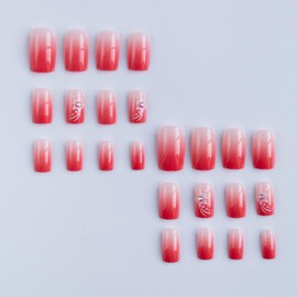 LBPEPAMZ Pink Gradient Press on Nails Short Medium Square Fake Nails with Rhinestones Designs Spring Summer Hibiscus False Nails Ombre French Tips Full Cover Glossy Stick on Nails for Women 24Pcs