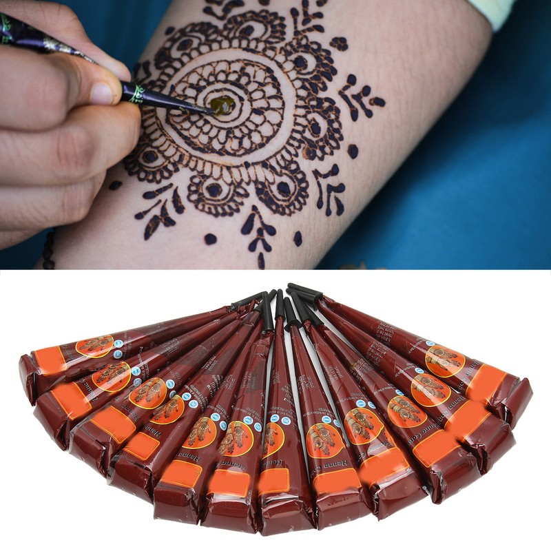 12PCS Temporary Tattoo Paste Cones Brown India Hand Painting Drawing