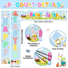 AIBIIN 3PCS Easter Decorations Banner Blue Bunny Eggs Chicken Yard Fence Cover Hanging Porch Sign Spring Bunny Eggs Easter Party Supplies Indoor Outdoor