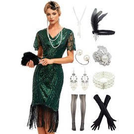 YENMILL 1920s Gatsby Inspired Sequin Beads Fringe Flapper Cocktail Roarings 20s Dress w/ 20s Headband Accessories Set