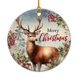 Deer Christmas Ornaments 2024 - Round Ceramic Christmas Ornaments Keepsakes Gifts for who Love Deer - Ideal Deer Ornament, Presents for Animal Lovers, Rustic Christmas Tree Decorations