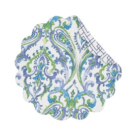 C&F Home Juliet Round Quilted Reversible Single Placemat Blue Green White Paisley Pattern Bright Colorful Revers to Blue and White Trellis Pattern Blue