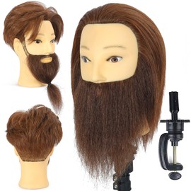TKIMHEQ Male Mannequin Head with Beard 100% Human Hair Haircut Training Head for Cosmetology Straight Thick Hair Manikin Head Doll Head with Stand Practice Cutting Styling (6 Inches Beard Brown#)