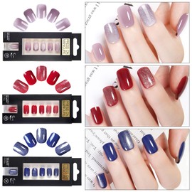Press On Nails Short - Purple Red Blue Short Square, Cat Eye Reusable Nails Press Ons, Fake Nail with Adhesive Tabs, 12 Sizes 24 Pcs Nail Kit with 1 Prep Pad, 1 Manicure Stick, 1 Mini File (3Pcs)