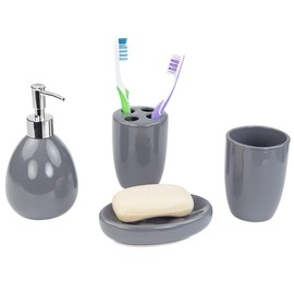 Home Basics 4-Piece Bathroom Accessory Set, Includes Soap/Lotion Dispenser, Toothbrush and Toothpaste Holder, Soap Dish, and Tumbler, Grey