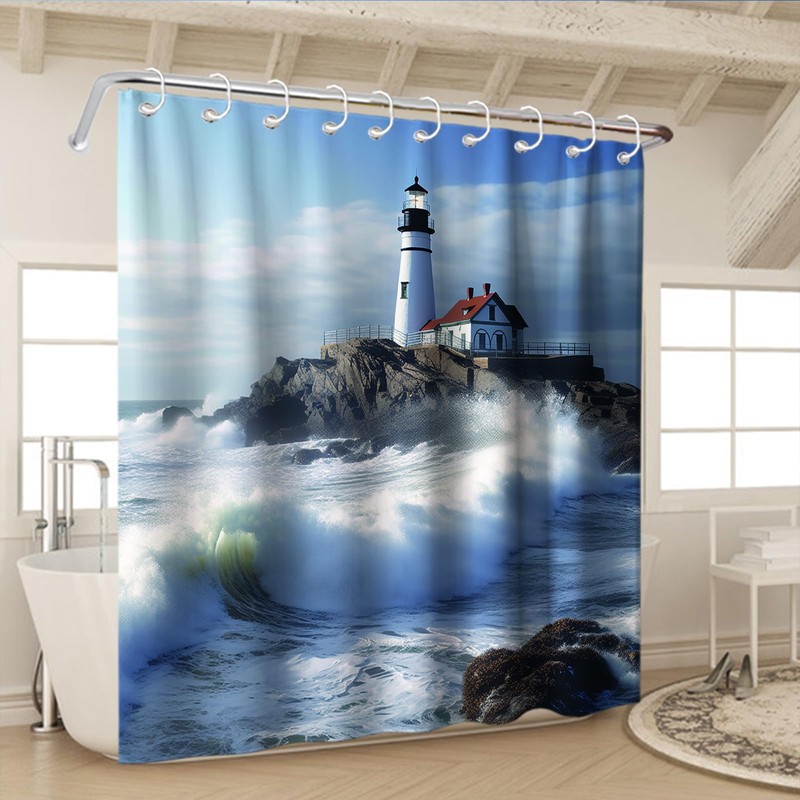 OTRANTO Blue Ocean Shower Curtain Lighthouse Nautical Coastal Scenic Nature