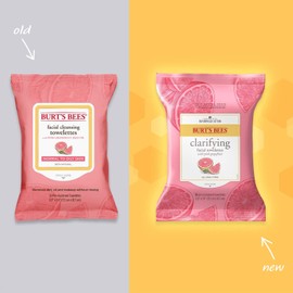 Burts Bees Clarifying Facial Cleanser Towelettes and Makeup Remover Wipes with Pink Grapefruit, for All Skin Types, Made with Repurposed Cotton, 30 Count