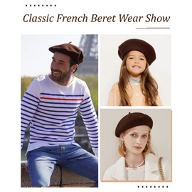 AWAYTR Wool French Beret Hats - Solid Color Artist Beret Hat for Women and Kids (Coffee,Adult)