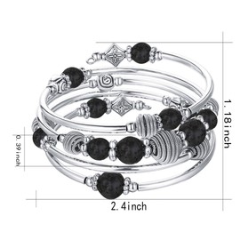 PEARL&CLUB Beaded Chakra Bangle Turquoise Bracelet - Fashion Jewelry Wrap Bracelet with Thick Silver Metal and Mala Beads, Birthday Gifts For Women(Lava stone)