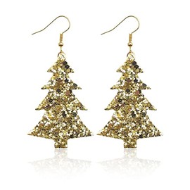 Christmas Glitter Faux Leather Drop Dangle Earrings Christmas Tree Snowflake Elk Glitter Leaf Layered Teardrop Earrings for Women Jewelry Christmas Costumes Accessories-gold tree