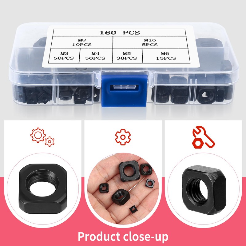 160 Pieces M3 M4 M5 M6 M8 M10 Carbon Steel