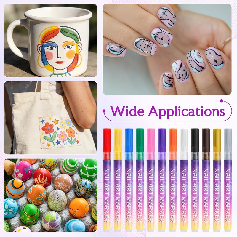 12 Color 0.5mm Nail Art Pens Set, Quick Dry for