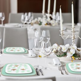 Dining Collection Party Plastic Plates - Christmas Party Combo Pack – Square Plates - Elegant Ginkgo Leaf Design in Mint Green, White & Gold, 32 Count, 7.25” & 10”, (16 of Each Size)