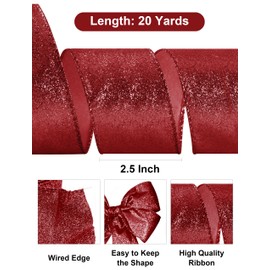 SIMISI RIBBON Red Glitter Velvet Ribbon Wired for Christmas Tree Decorations, Outdoor Decor, Garland and Wreath Ornaments (2.5 Inch, 20 Yards)