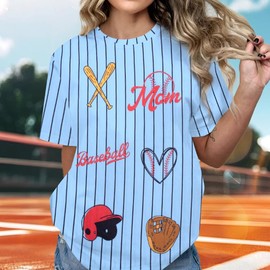Baseball Shirts for Women Oversized Baseball Mom Shirts Game Day Fan Short Sleeve Tops Baseball Heart Graphic Tees Blue