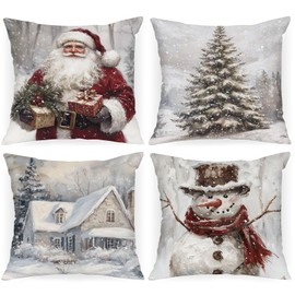 Lanpn Juego de 4 Fundas Cojin Navidad 55x55cm, Funda Cojines Decorativos Navideños Fundas de Almohada Navideñas Decoración Navideña para Sofá Cama de Oficina Hogar (Papá Noel Muñeco de Nieve Casa)