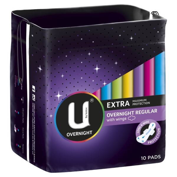U by Kotex Pads Extra Overnight Regular with Wings X 10