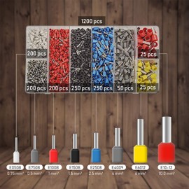 Set of 1200 terminals, end caps for crimping, terminals in various sizes from 0.25 to 10 mm², cable lugs made of PVC, connectors for crimping the cable ends