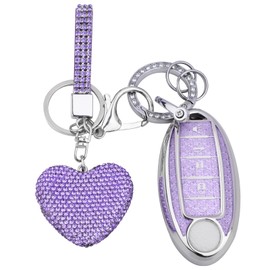 Vicoca for Nissan 5 Buttons key fob cover with Diamond Heart Keychain, Car Accessories TPU for Altima Sentra Rogue Pathfinder Murano Armada Maxima Versa, Purple