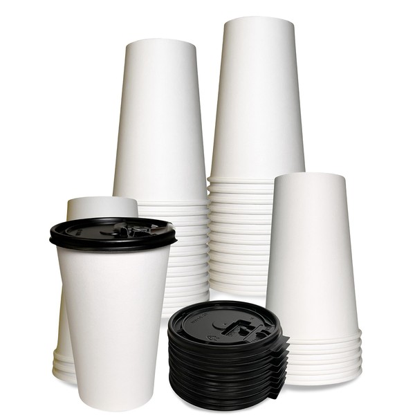 16 oz Disposable White Paper Coffee Cups with Black Flat