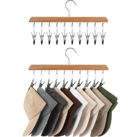StorageWorks Hat Rack, Closet Organizer and Storage for Baseball Caps,Set of 2 with 10 Adjustable Stainless Steel Clips, Fits All Caps, Natural Wood Color