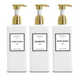White Shampoo Bottles with Gold Pump, YACEYACE 16.9oz Set of 3 Empty Black Shower Bottles, Elegant Boutique Shampoo Dispenser for Bathroom, Lotion, Salon, Body Wash Dispenser Shower Bottles