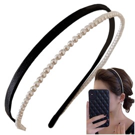 Pearl Headband Velour Black Adult Hair Band Wedding Hair Accessory Cute Thin Double Layer (Black, Standard)