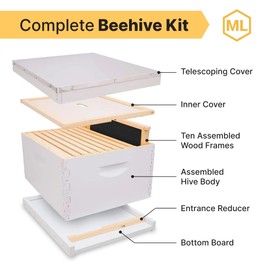 Mann Lake Traditional Complete 10-Frame Bee Hive Kit, Fully Assembled 9⅝” Deep Hive Body with 10 Frames, Beeswax-Coated Foundation, Telescoping Cover, Bottom Board & Reducer, Made in USA, Painted