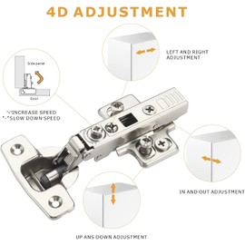 Furniware 6 Pieces Cabinet Hinges with Soft Close Cabinet Hinge 4D Adjustment (Depth, Side, Height and Closing Speed) Full Overlay Hinges for Furniture Kitchen Cabinet