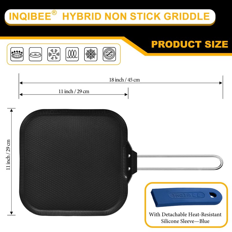 Inqibee 11 Inch Hybrid Nonstick Square Griddle Pan, Flat Square
