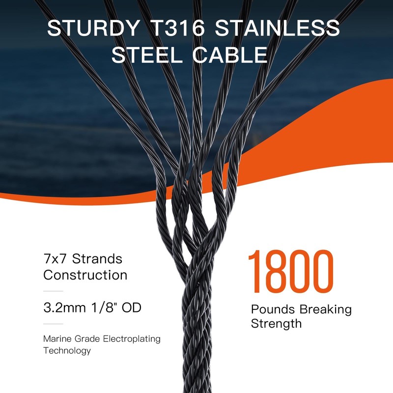 1/8" T316 Stainless Steel Cable, Electroplated Black Aircraft Cable for