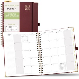 POPRUN Monthly Planner 2025-2026 Spiral Hardcover (8'' x 10''), 18 Months Calendar (Jul.2025 - Dec.2026) - 2 Pages per Month with Dotted Note Pages, Sunday Start, Laminated Tab - Burgundy