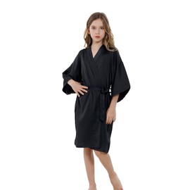 ALHAVONE Girl's Kid's Silky Satin Solid Color Short Kimono Robe for Wedding Birthday Party Spa (Black, 14)