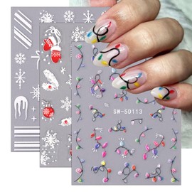 Christmas Nail Stickers for Nail Art,5D Embossed Xmas Lights Nail Decals Snowflake Feather Nail Designs Self-Adhesive Nail Art Supplies Christmas Nail Charms Manicure Decoration for Women, 3Pcs