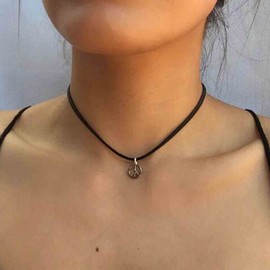 Yheakne Boho Peace Choker Necklace Black Cord Circle Necklace Short Round Necklace Vegan Necklace Chain Jewellery for Women and Girls, Metal