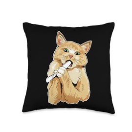 Cat Brushing Teeth Pets Lover Funny Design Throw Pillow