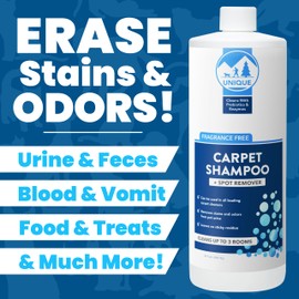 Unique Carpet Shampoo & Stain Remover, 32 oz - Pet Odor Eliminator and Bacteria and Enzyme Cleaner for Cat Urine, Dog Urine, Red Wine, Old Stains - Carpet Cleaner Spray for Machines & Manual Use
