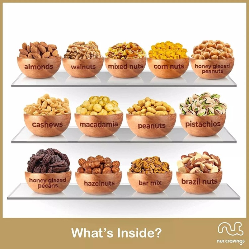 Nut Gift Basket in Wooden Tray + Green Ribbon (13