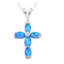 Chandria's Treasures Synthetic Blue Fire Opal Cross Pendant Necklace 18" - Holiday Sale