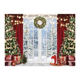Allenjoy 96" x 72" Christmas Window Backdrop for Photography Winter Merry Xmas Tree Background Snow Holiday Photobooth Portrait Party Banner Festival Photo Studio Props Supplies
