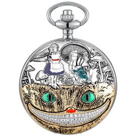 Tiong Silver Alice in Wonderland Pocket Watch Roman Numerals Quartz Women's Pocket Watches with Chain Pendant Necklace for Girls