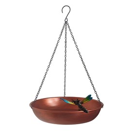 Hanging Birdbath Bird Feeder for Outdoor 11” Antique Copper Cute Small Metal Bird Bath Bowl with Detachable Black Chain Metal Dragonfly for Garden Backyard Decor