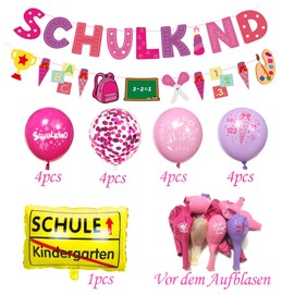 Schulkind Decorative First Day of School for Girls, First Day of School Decoration Set, Garland First Day of School + Sugar Bags Banner + 16 Pink Balloons with ABC 123 School Cone Motif Confetti Foil