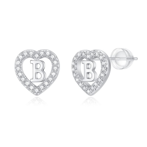 Heart Stud Earrings for Girls, Silver Earrings Letter B Initial