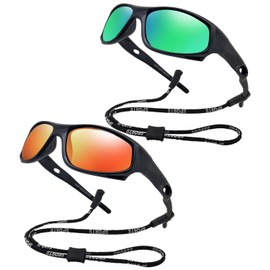 Kids Flexible Polarized UV Protection Sunglasses for Boys Girls Age 3-10 with Strap (Black+Mirrored orange 2 pcs)